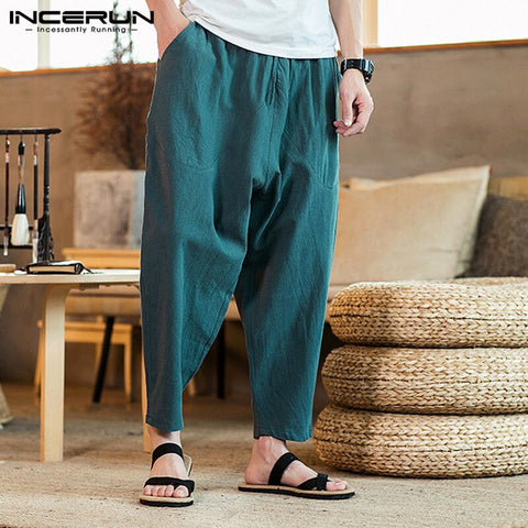 INCERUN Cotton Harem Pants Men Plain Elastic Waist Streetwear Joggers 2020 Baggy Drop-crotch Pants Pockets Casual Trousers Men